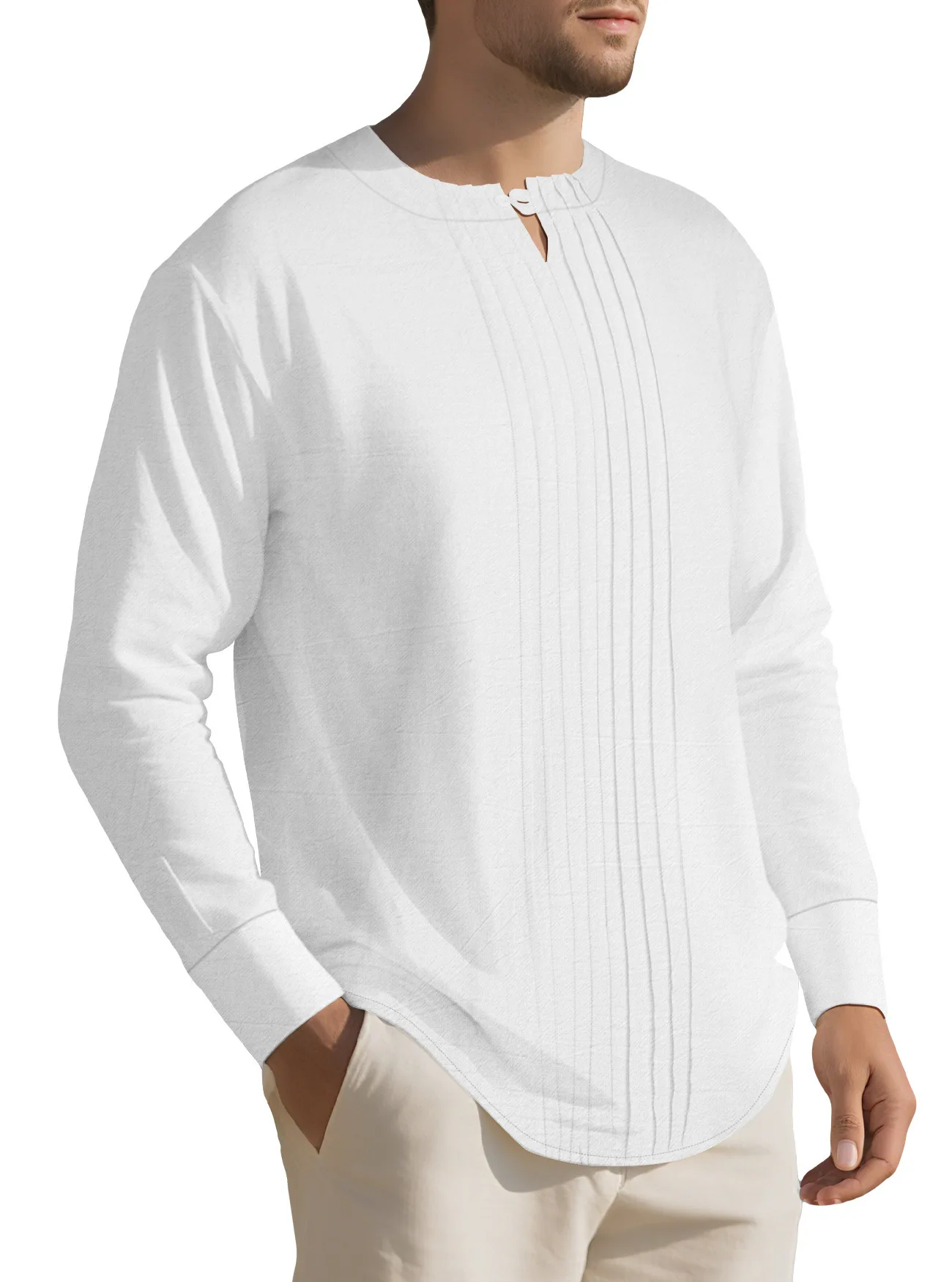 

Men's long sleeved polo shirt Linen woven striped versatile Henry shirt Single button round neck long sleeved T-shirt Hot sale