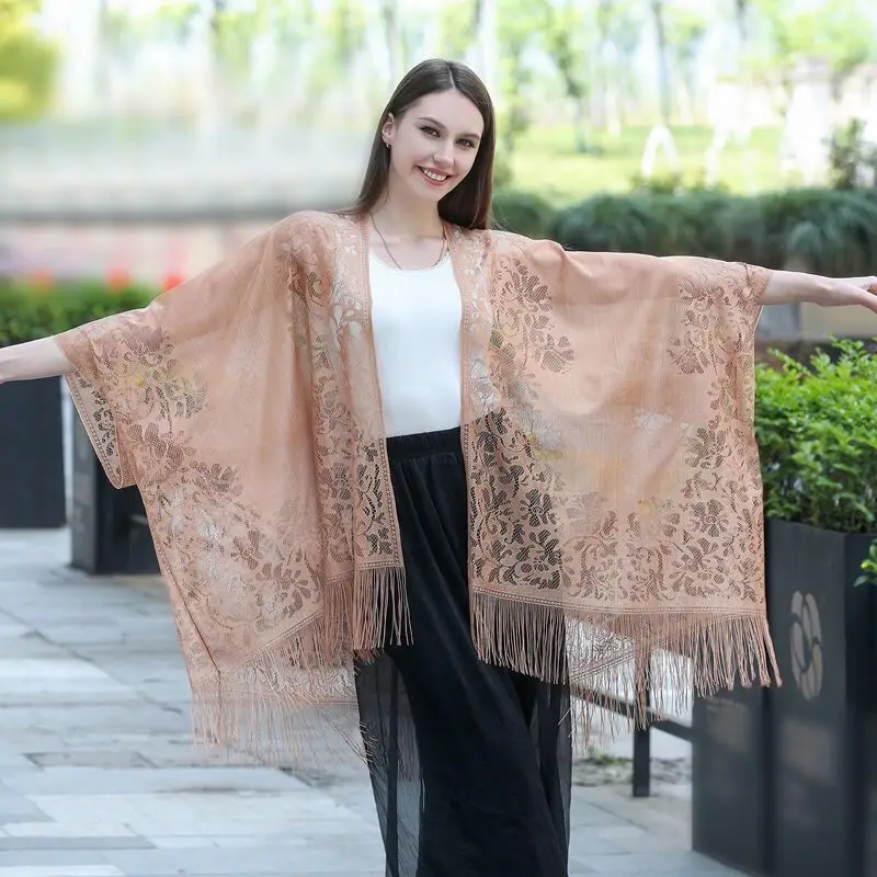 

Beach Sunscreen Clothing Lace Cardigan Summer Outer Wear Sunshade Cape Women Tassel Coat Spring Seaside Holiday Leisure Shawl K1