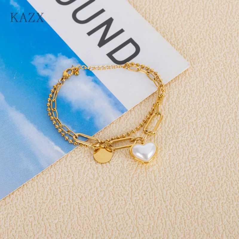 

Women Dual Layer Paperclip & Ball Bead Chain Bracelet Of Pearl Heart Charm Round Pendant Stackable Pulsera