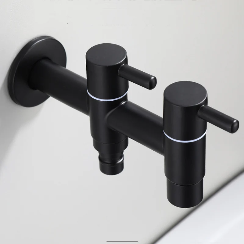 Stainless Steel Faucet Black Wall Mounted 1in 2 out Washing Machine Tap Bath Toilet Mop Pool Water Taps for Garden Bathroom