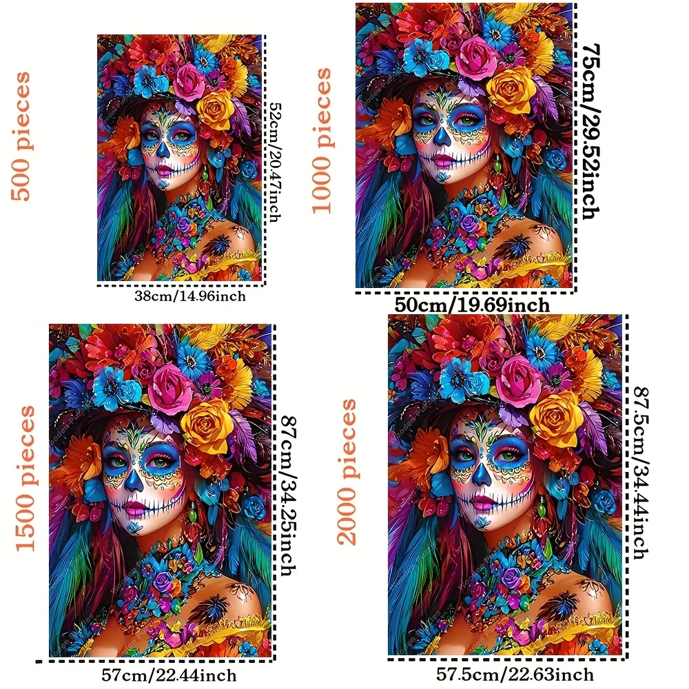 2000/1500/1000/500pcs Wooden Jigsaw Puzzle for Adults - Vibrant Floral Sugar Skull Art, Mexican-Inspired Wall Decor, Premium P