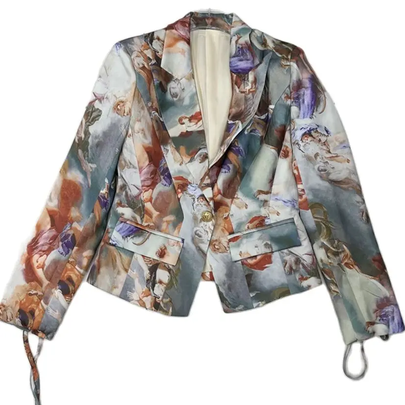 Blazer de verano para mujer, chaqueta de manga larga con bolsillo y solapa, estampado de un solo botón, Estilo Vintage, Y4093, 2023