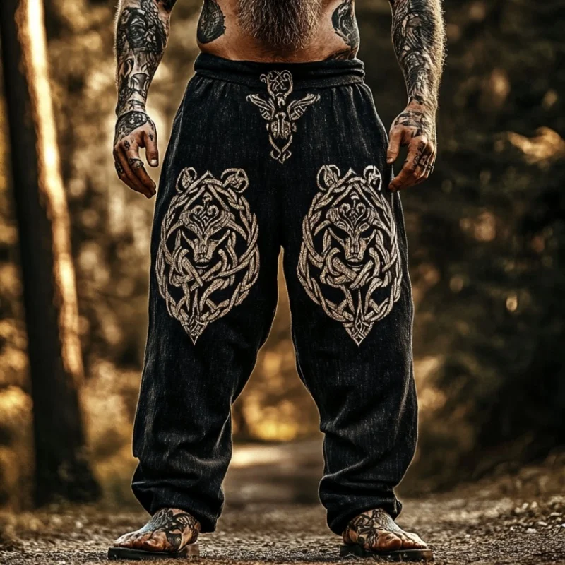 Men's Viking retro Nordic smart wolf 3D printed casual pants drawstring straight leg pants summer beach pants