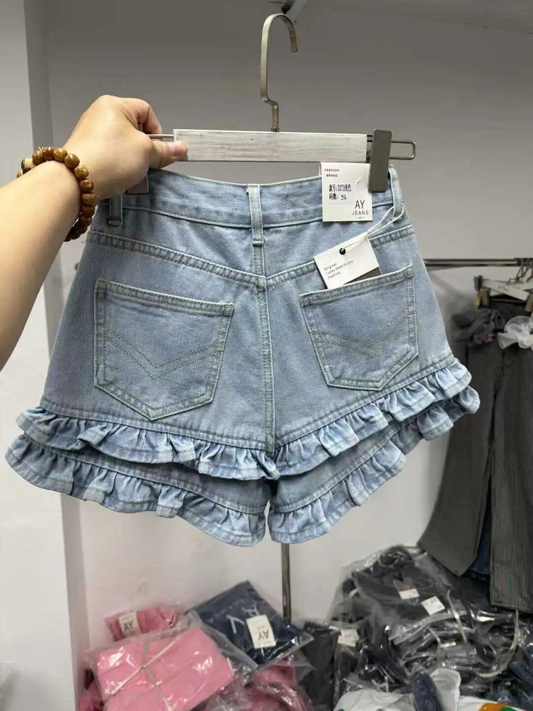 Sweet High Waist A-Line Denim Shorts for Women Summer High Waist Wood Grain Ruffle Korean Style Dongdaemun Short Pants