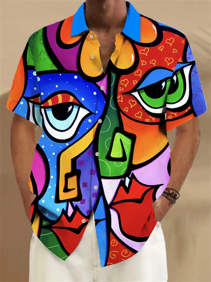 2025 New Retro Casual Men's Summer Fashion Short sleeved Shirt with Dragon Element Printed Trendy Shirt for Street Wearing