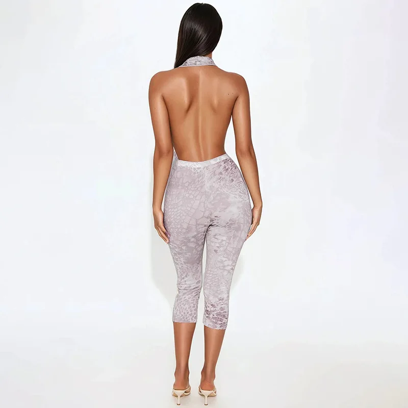 Apprabant feminino serpentina impresso macacão sem costas oco para fora rendas até pendurado pescoço profundo decote em v sexy apertado macacão streetwear