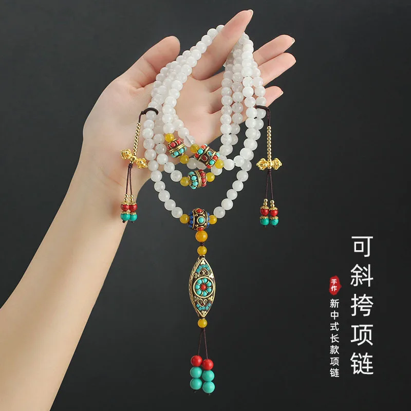 Retro Chinese Style White Marble Beaded Oblique Chain Chinese Tassel Back Long Necklace Accessories Same Style