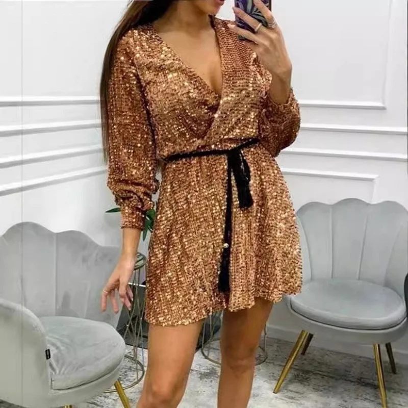 Fashion Glitter paillettes Sharkly Party Dress Womens Sexy Wrap scollo a V Lace-up Mini abito autunno inverno manica lunga a-line Boho Dress