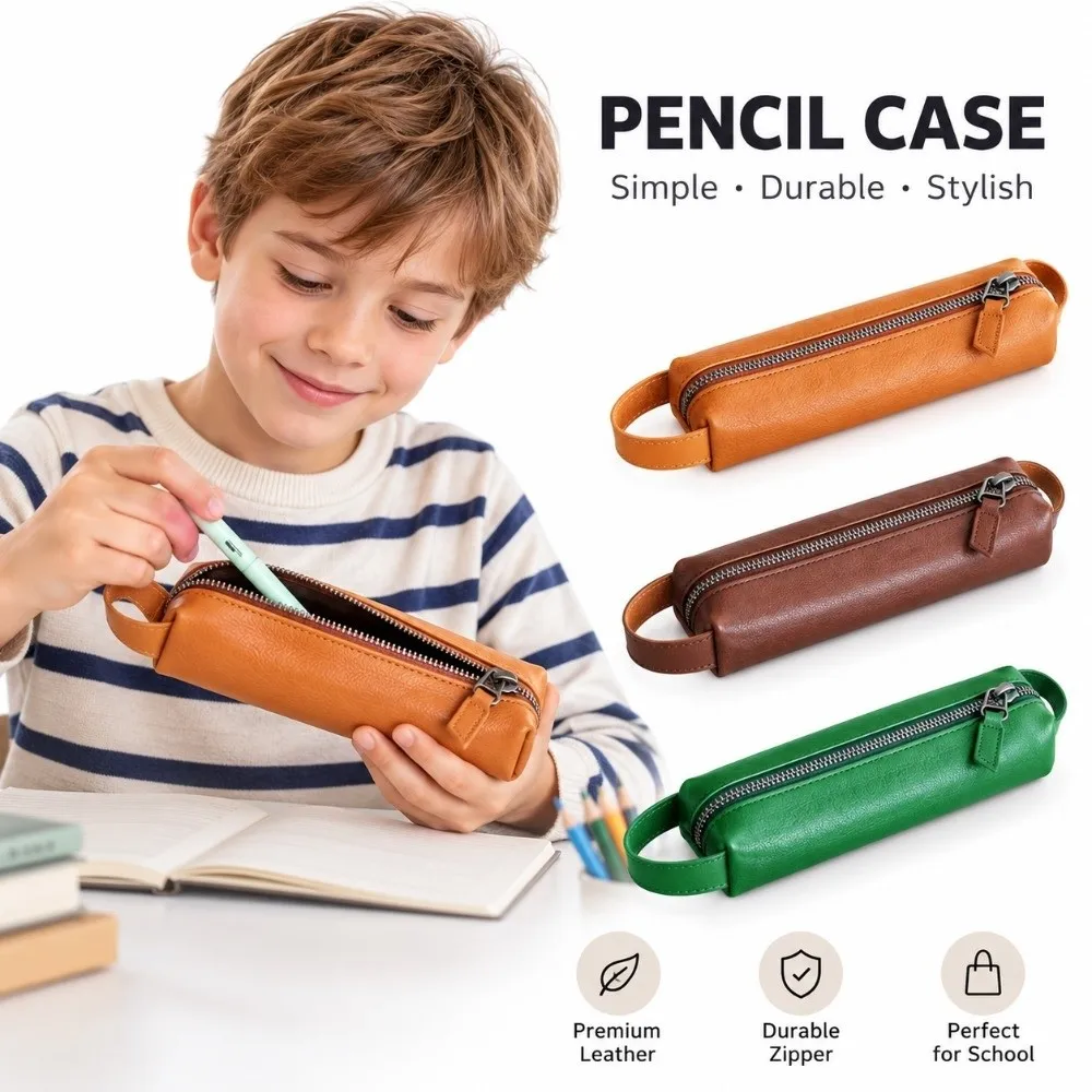 Portable PU Leather Pen Pouch Single Compartment Wrist Loop Pencil Case Waterproof Zipper Closure Pen Bag School Office Supplies