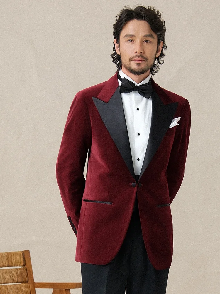 

Cultum Velvet Tuxedo Suit Maroon Buttoned Notch Lapel Wedding Men's Formal Wear Cotton Lycra Stand Fit Busin Gentleman