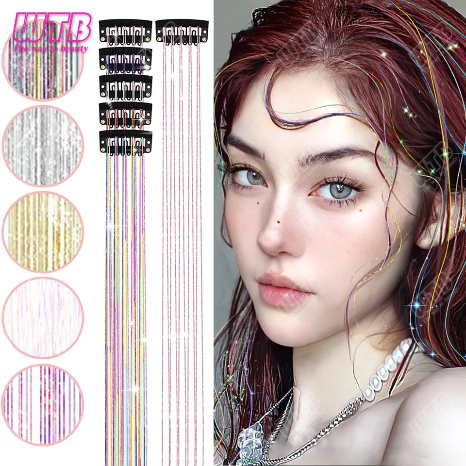 Tinsel Clip In 20Inch Glitter Tinsel Hair Extensions Clip In Hair Tinsel Kit Heat Resistant Shiny Sparkle Fairy Hair Accessories