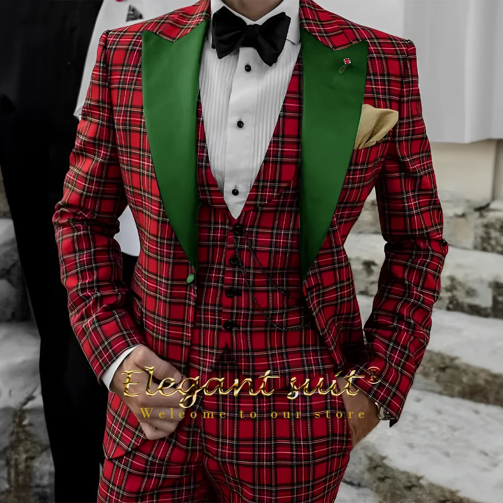 Herenpak Schotse stijl jurk 3-delig pak (jas, vest en broek) Aangepaste bruidegom/beste man pak etentje elegante smoking - afbeelding 1