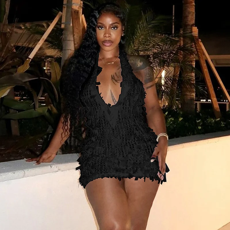 Doyerl شير شرابة Bodycon فستان قصير المرأة عيد ميلاد النادي الليلي حفلة الرسن الخامس الرقبة عارية الذراعين غمد مثير فساتين قصيرة عطلة