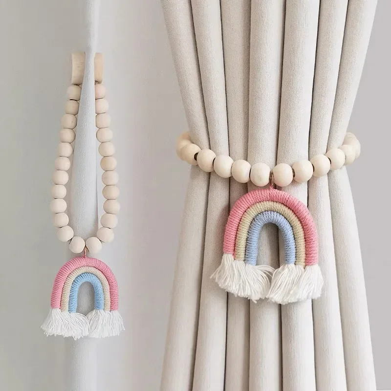 1pc Curtain Binding No Punch Hand-woven Three-color Rainbow Log French Tassel Binding Tape Cotton and Linen Magnetic Buckle