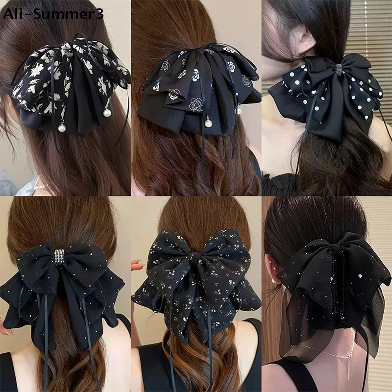 

【S63】Versatile Chiffon Floral Print Bow Ponytail Clip Headwear For Women Girls Sweet Bow Ribbon Hair Clip Hair Accessories