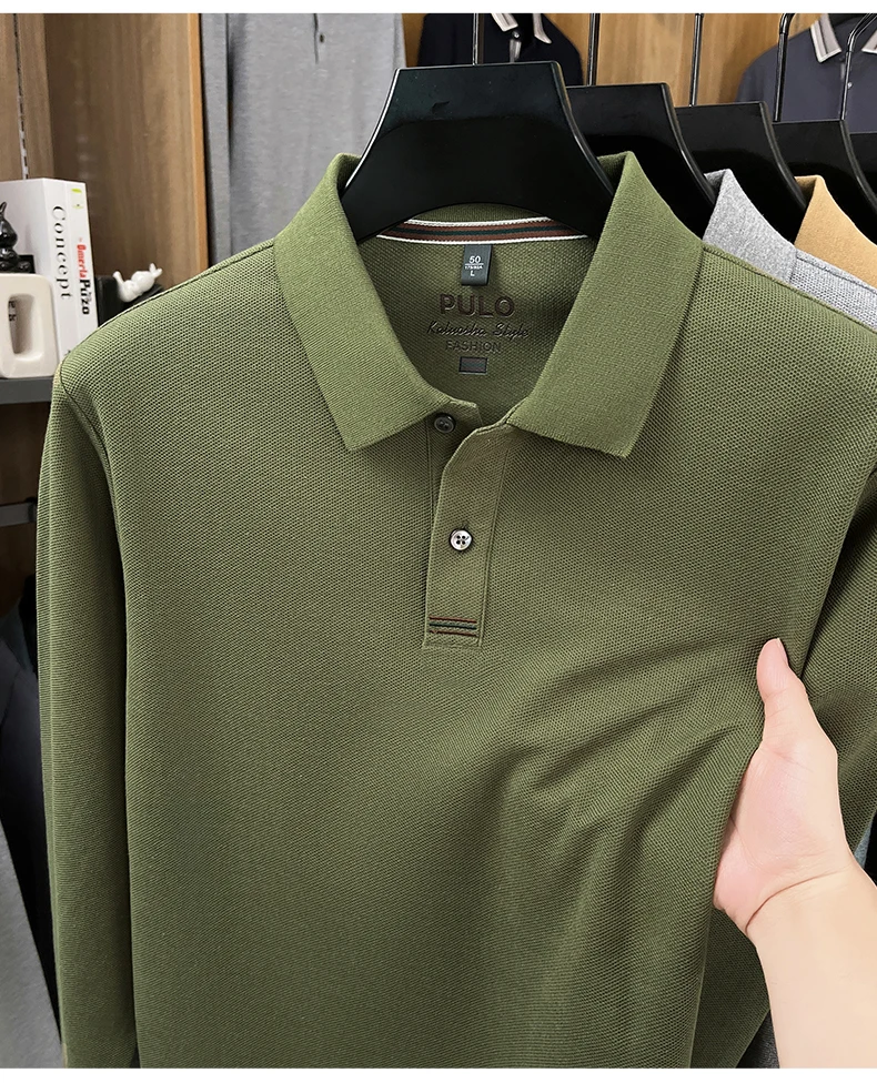 Hochwertiges Langarm-Poloshirt aus 100% Baumwolle für Herren, neue Luxus-Modemarke, Frühling/Herbst, luxuriöser Komfort, lässiges Business-T-Shirt. – Detail 15