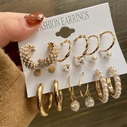 Retro Imitation Pearl Zirconia Drop Earring Set Gold Color Large Hoop Earrings For Women Fashion Jewelry Women Trend Accessories