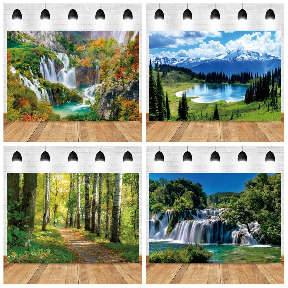 

Natural Scenery Spring and Summer Photography Background Waterfall Mountains River Scenery Forest Trees Photo Background