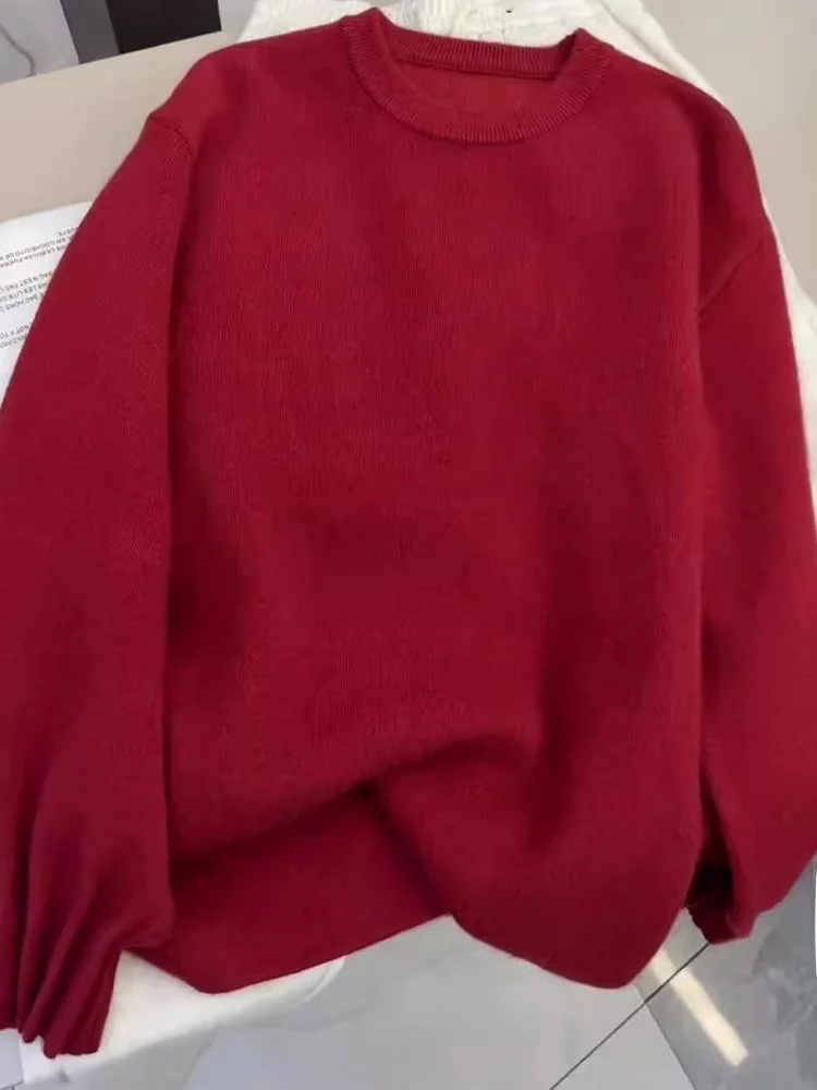 Sli Cisas Aosphere Suéter Camere Vermelho de Ano Novo Longo Sve Feminino de Malha Versátil Ele Commute Coreano S...