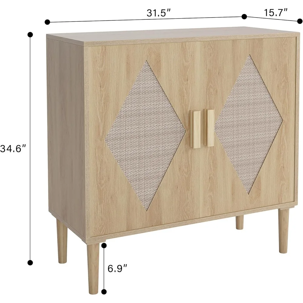 Cabinet with Storage, Storage Cabinet with 2 Rattan Decorated, Sideboard Cabinet, Accent Cabinet for Living Room, Dining Room