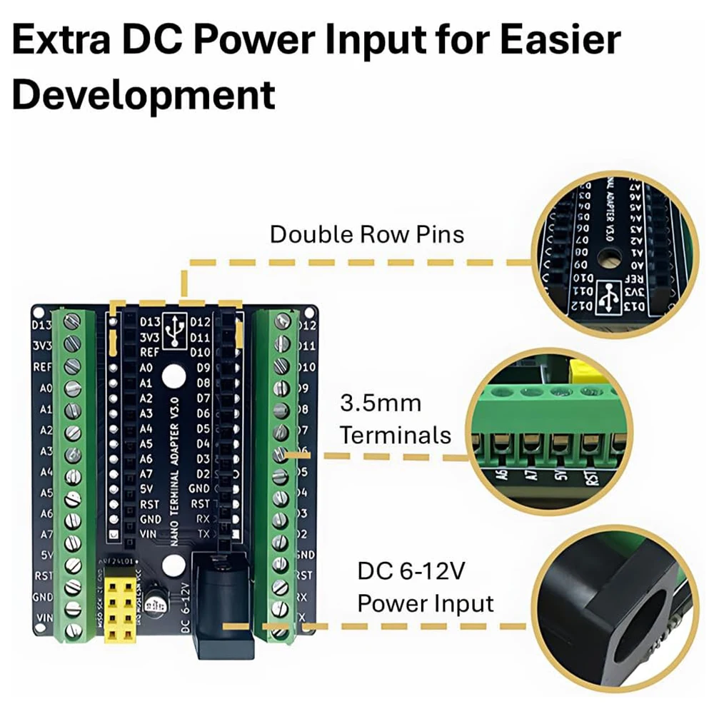 Terminal Expansion Board for Arduino Nano V3.0 – Screw Terminal Adapter with nRF24L01+ Breakout & DC Power Input