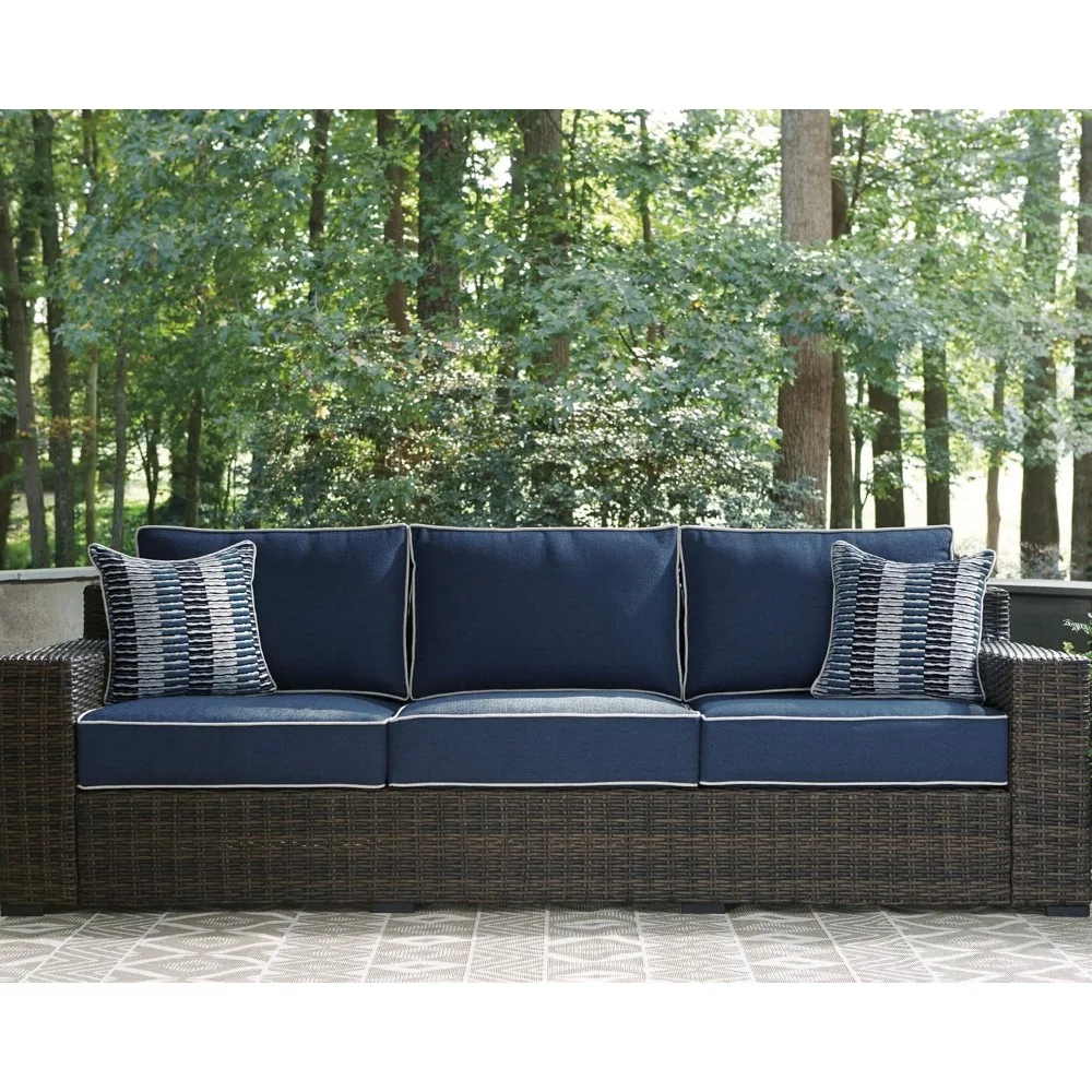 Outdoor Patio Wicker Sofa with Cushion and 2 Pillows, Brown & Blue