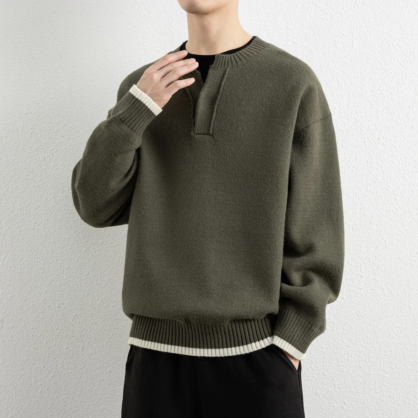 

Мужской вязаный свитер с воротником «Генри» в стиле ретро, повседневный, американский, простой, высококачественный, из легкой шерсти, осенне-зимний, вязаный