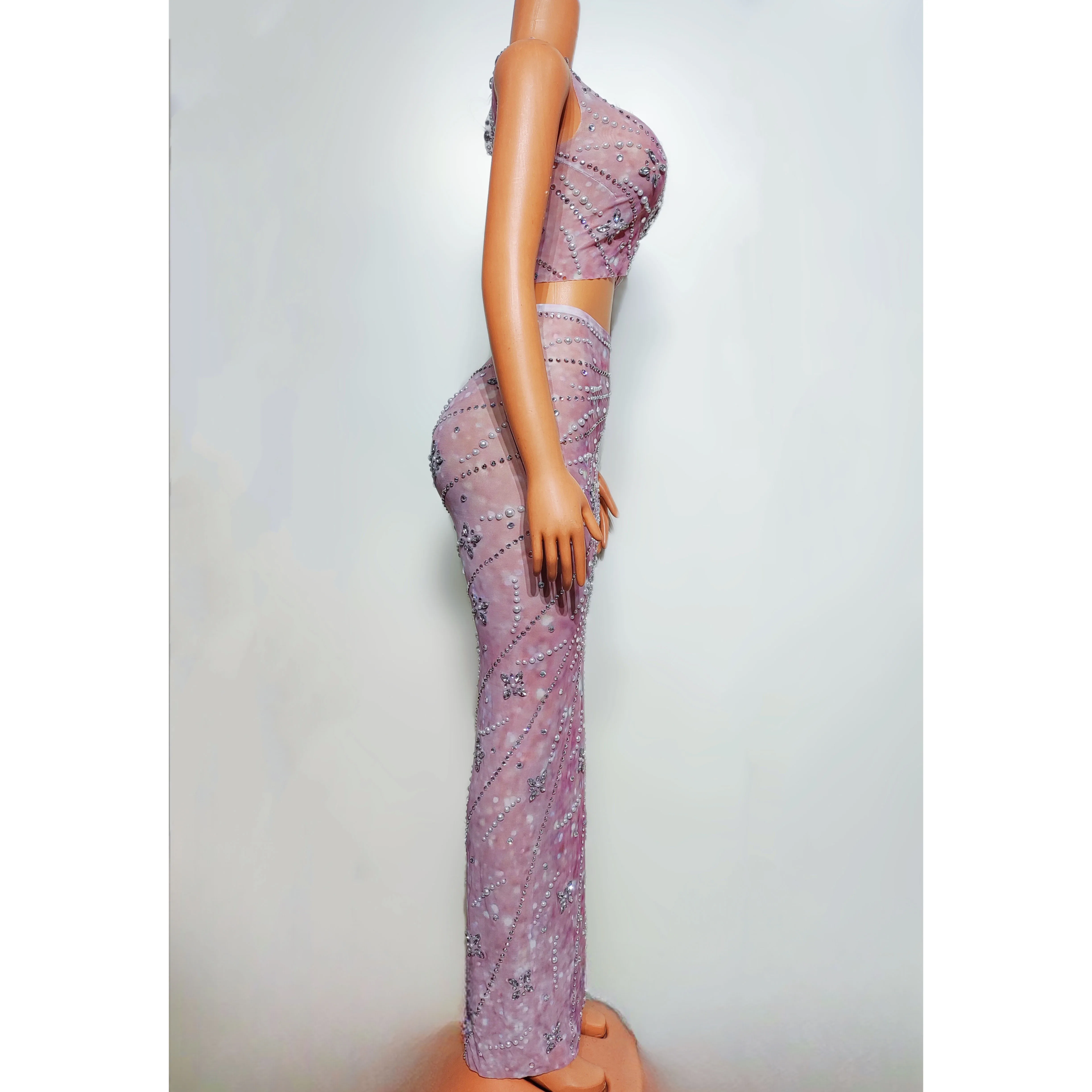 2025 Woman Gogo Dancer Dress Pearl Rhinestone Crop Top Slim Dresses Festival Party Costume Dancehall Queen Outfit Stage Wear yk