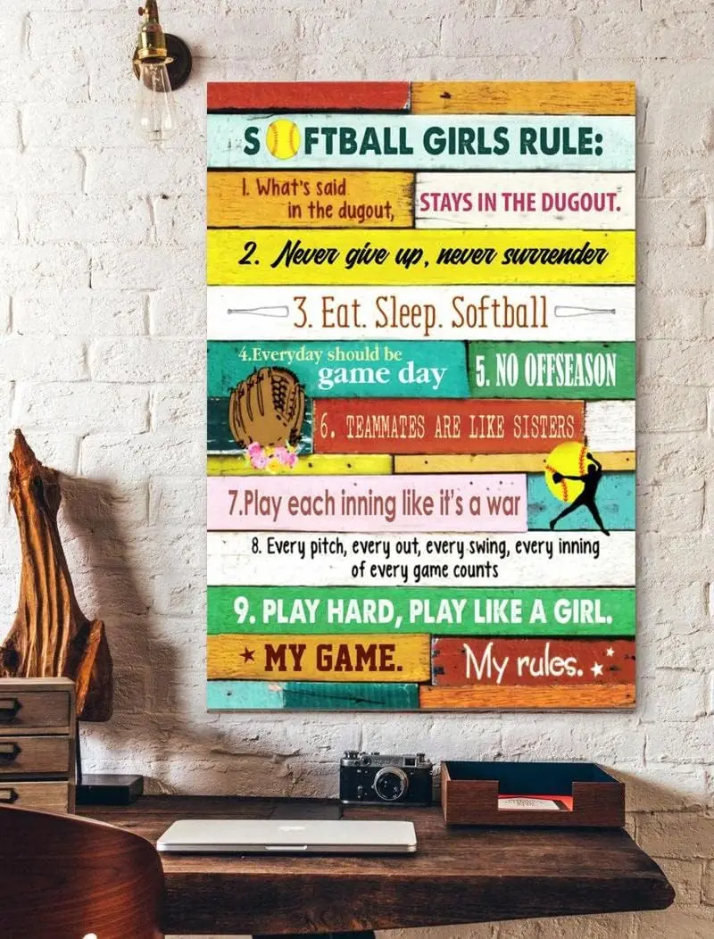 1pcs HOUVSSEN Softball Girls Rules Poster, Rules Metal Poster Sign for Classroom Club Game Hall Garage Cave Indoor Outdoor Home