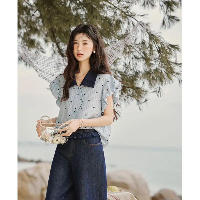 Camicetta a maniche corte a pois da donna Nuovo top snellente stile estivo con design unico ed eleganza francese