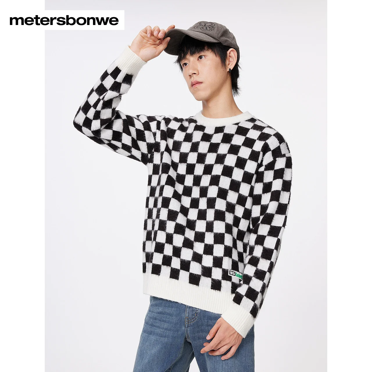 

Metersbonwe-Men's Long Sleeves Sweater Color Clash Checkerboard Round Collar Pullover Casual Youth Teenager Winter