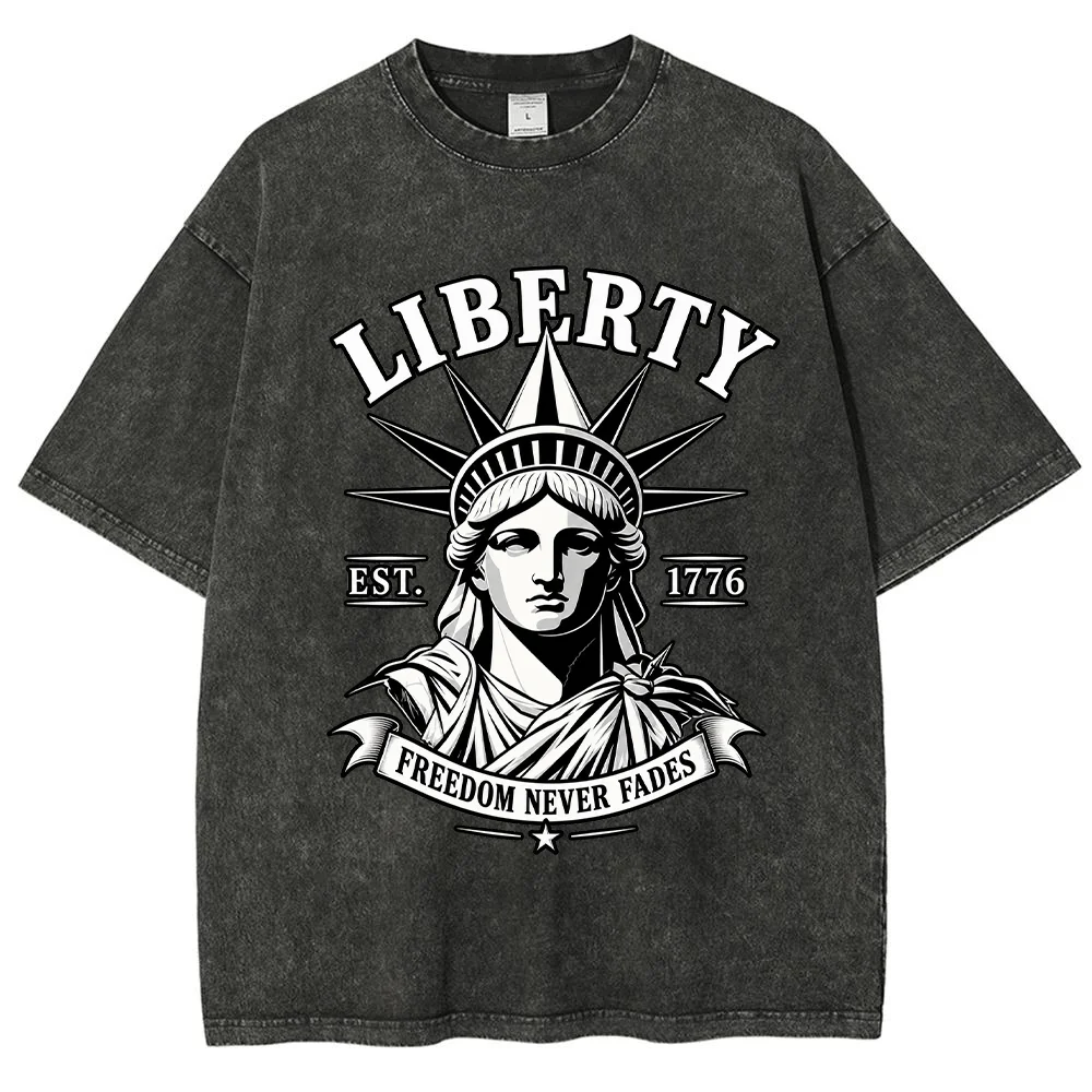 Vintage Washed Graphic Tee for Men Women Retro Liberty Statue Print Short Sleeve T Shirt Loose Streetwear Casual Freedom Top