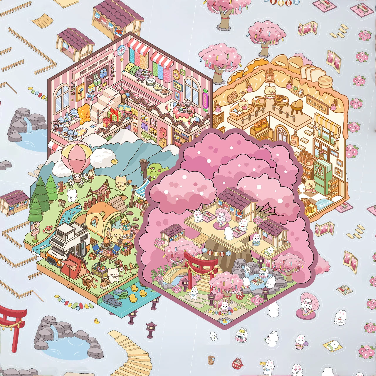 

Cartoon Landscape Stickers, Miniature Worlds, Small Creative 3D Cabins, Decompression DIY Scenes, PET Sticker