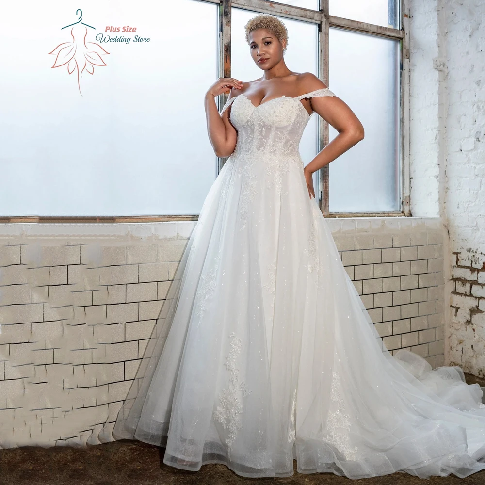 

Glitter Wedding Dresses Plus Size Sweetheart Neck Bride Gowns Appliques Sequined Sweep Train A-Line Tulle Robe De Mariee 2024