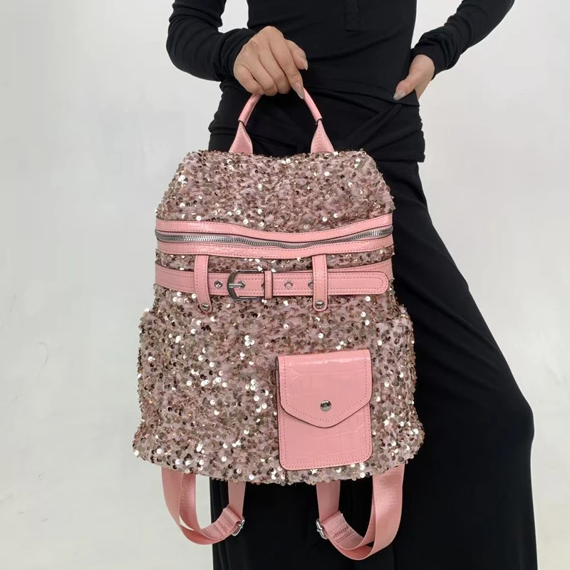 Fashion Backpacks For Women Luxury Designer Handbag Purse 2026 New In Shiny Round Pieces Belt buckle Large Capacity Shoulder Bag