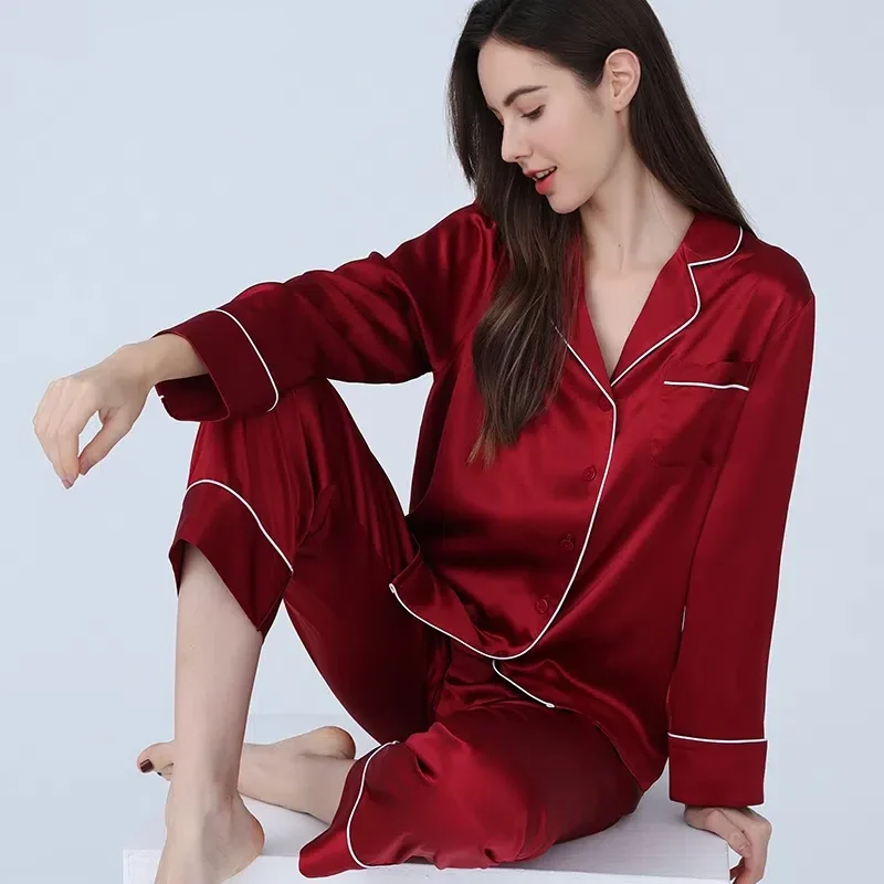 25 Momme 100% Mulberry Silk 2Pcs Women Pajamas Set Nightwear Spring Summer Casual Long Sleeve Top & Trousers Pyjamas Homewear PJ