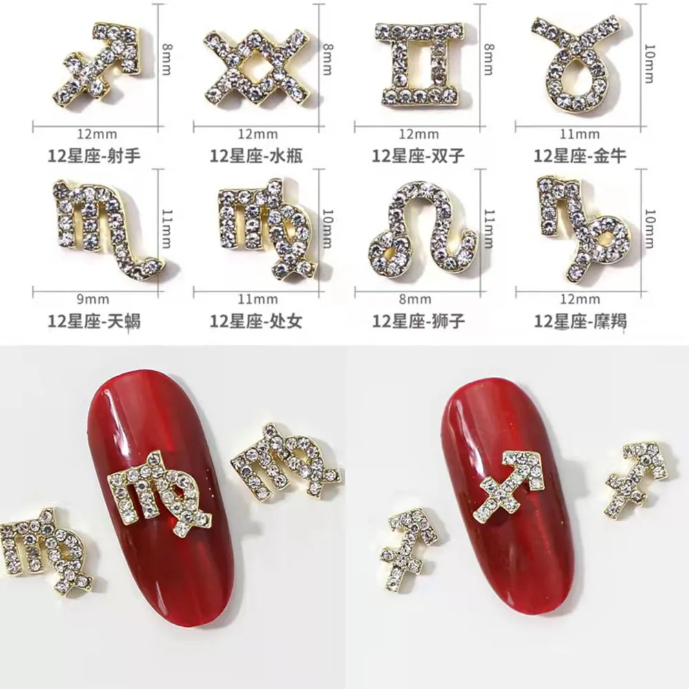 10Pcs 3D Constellation Alloy Nail Charms Aries Taurus Rhinestones Symbol Y2K Nail Parts Shiny DIY Manicure Decoration Wholesale