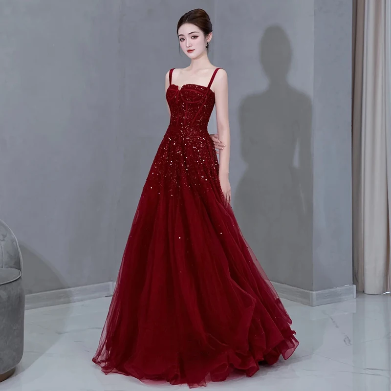 Abito da sera rosso Fidanzamento di lusso Dr Sling Abito da sposa per bere Nuova sposa 2025 Sensazione di fascia alta Coreano Sle Lungo Dr