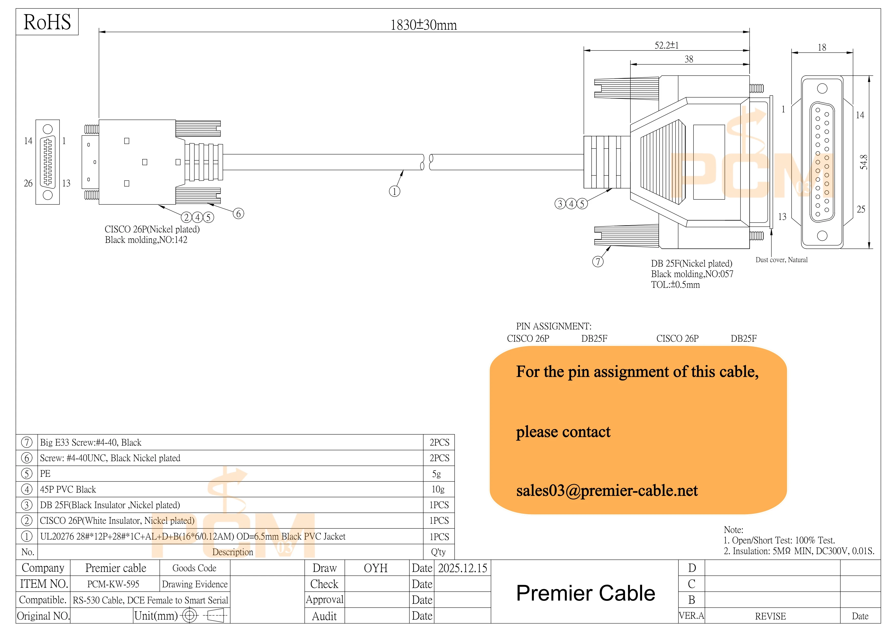 Cisco Compatible CAB-SS-530FC Smart Serial 26pin to DB25 RS530 DCE Female 6ft Cable 72-1435-01 for Cisco Routers WAN Servers