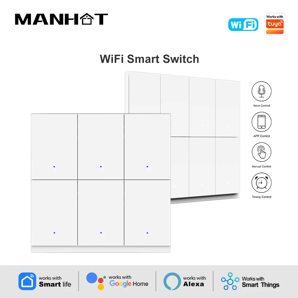 MANHOT Wifi Smart Wall Light Switch US 6-8Gang Push Button Switch App/Voice Control Work with Tuya SmartThings Alexa Google Home