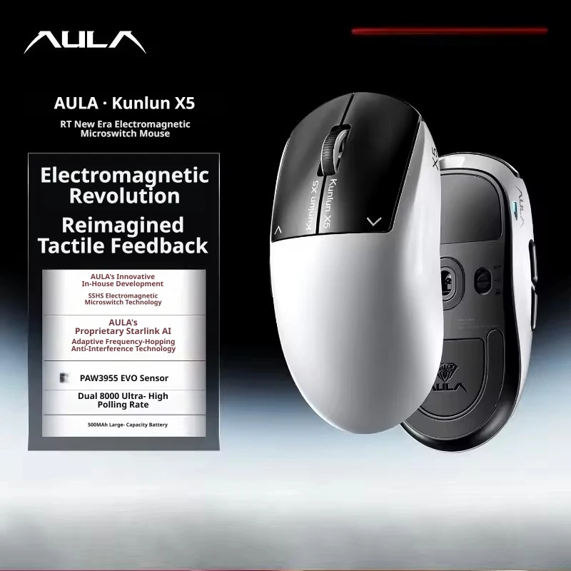 AULA Kunlun X5 Mouse Electromagnetic Micro PAW3955 Mouse Wireless Three-mode E-sports Gaming Desktop Laptop Tile Mice