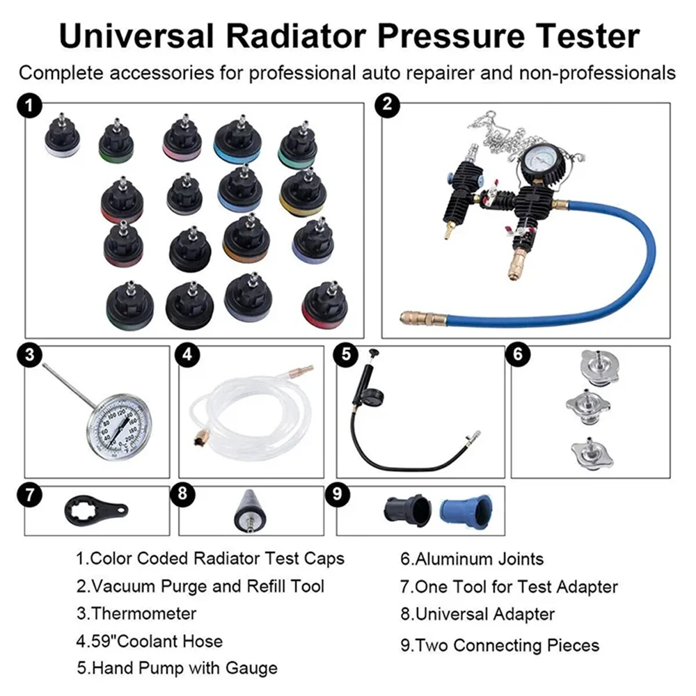 28Pcs Universal Radiator Pressure Tester Set Vacuum Cooling System Leak Detection Water Tank Detector Tool