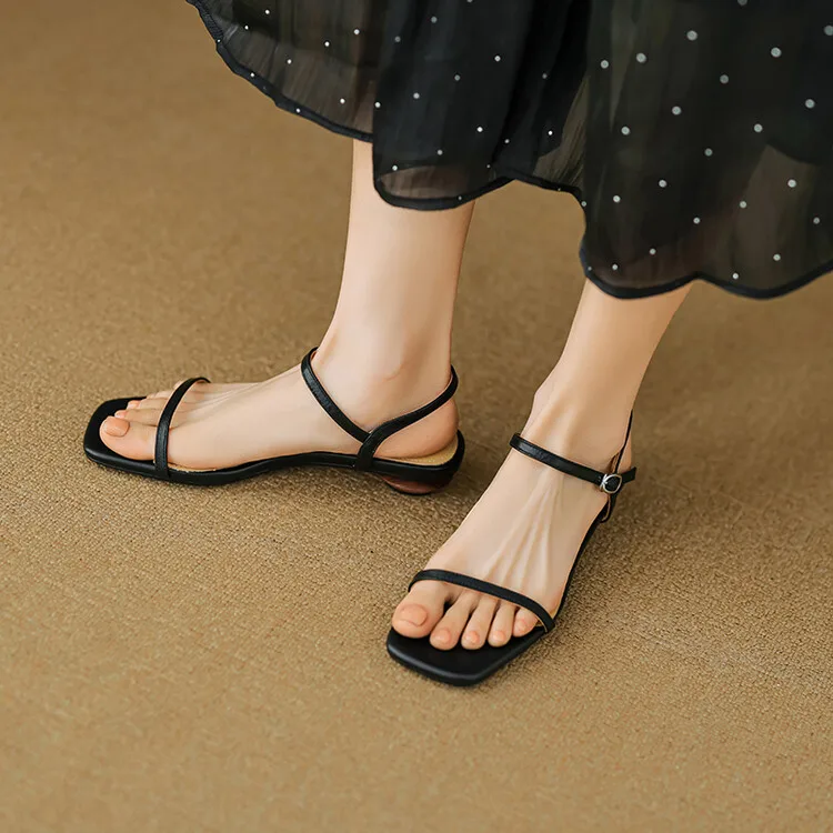 Beige Leather Women Flat Sandals Chic Design Narrow Strap Summer Beach Shoes Black Concise Fashion Sandalias Designer Heels