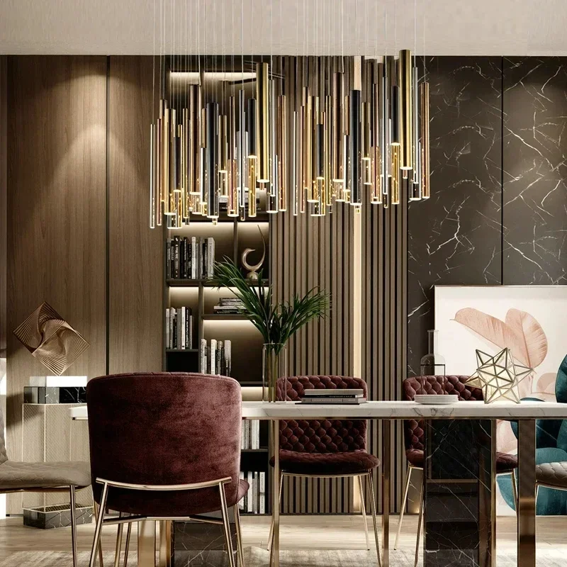 LED Pendant Lights Modern Light Luxury Gold Black Restaurant Chandelier Nordic Bar Cylindrical Long Barrel Wind Chime Lamp