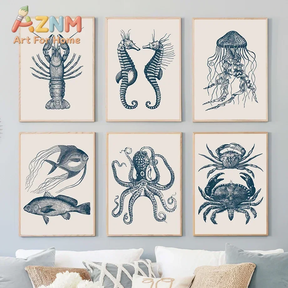 Multi-size 1PC frameless high-definition decorative paintings,Seahorse Octopus Jellyfish Crab Vintage Marine Life Wall Art Print