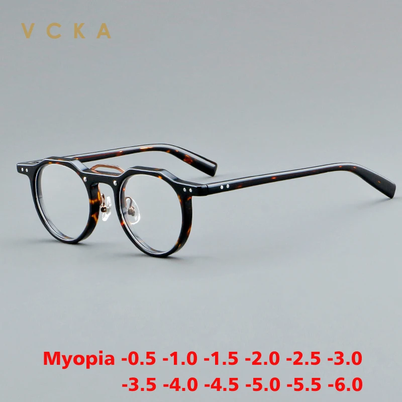 VCKA Women Vintage Round Acetate Myopia Glasses Frame Optical Prescription Men Eyeglasses Luxury Custom Eyewear -0.5 to -6.0