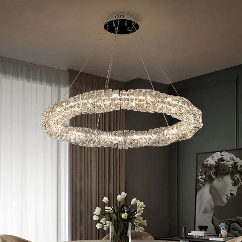 

Modern Luxury Lustre Crystal Pendant Light Restaurant Remote Control Dimmable Chandelier Personality Round LED Living Room Lamp