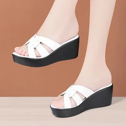 6cm Small Size 32-43 Soft Leather Slides Summer Wedges Shoes 2024 Med Heels Platform Slippers Women for Office Mom Beach