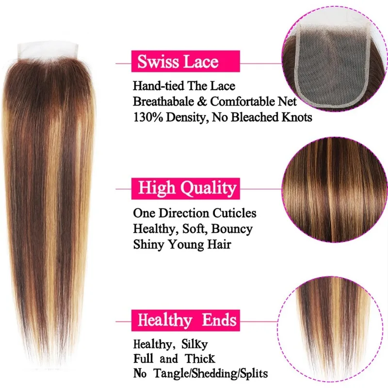 Cabelo humano premium 4x4 fechamento de renda destaca cor marrom chocolate para loiro caramelo cabelo remy com linha fina natural parte livre