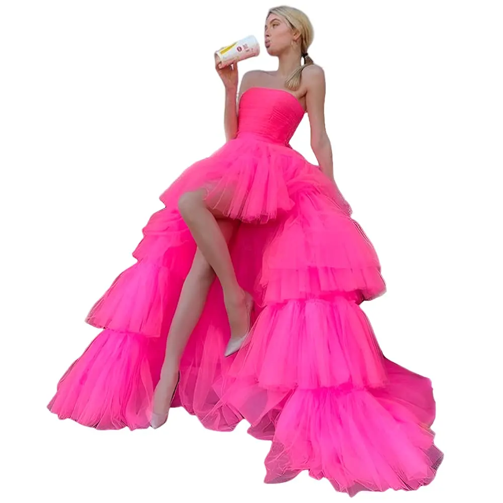 Bealegantom High Low Tulle Prom Dresses with Long Strapless Layered Formal Occasion Evening Party Gown Robes De Soiree QA69